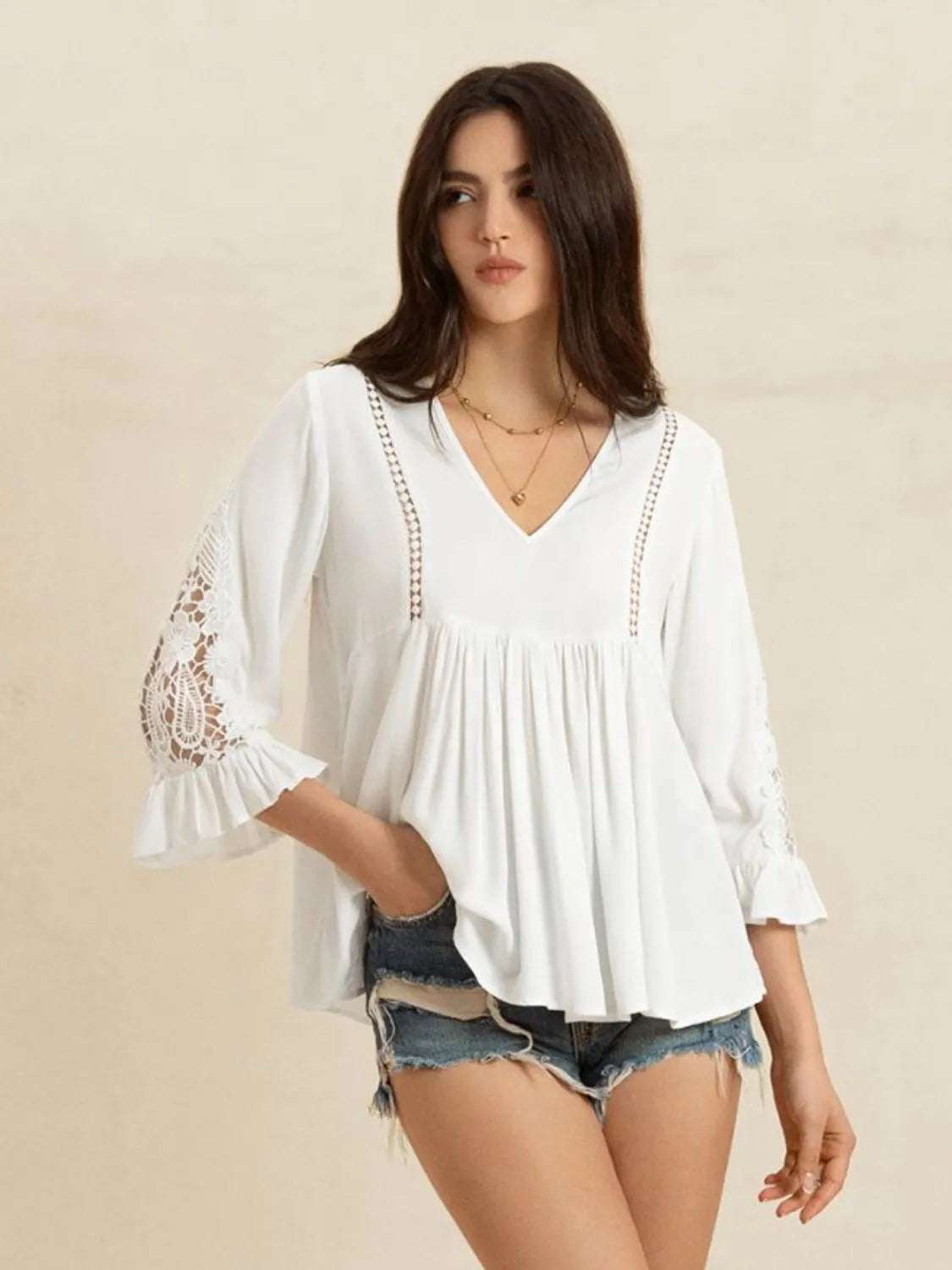V-Neck Lace Flounce Sleeve Top - Premium Women / Tops from Trendsi - Just $33.50! Shop now at Handbags Specialist Headquarter