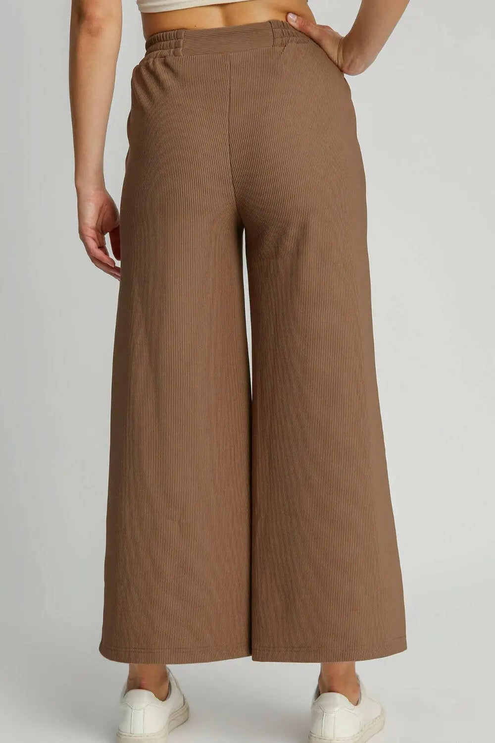 Umgee Full Size Ribbed Knit Elastic Waistband Wide Leg Pants Plus Size.