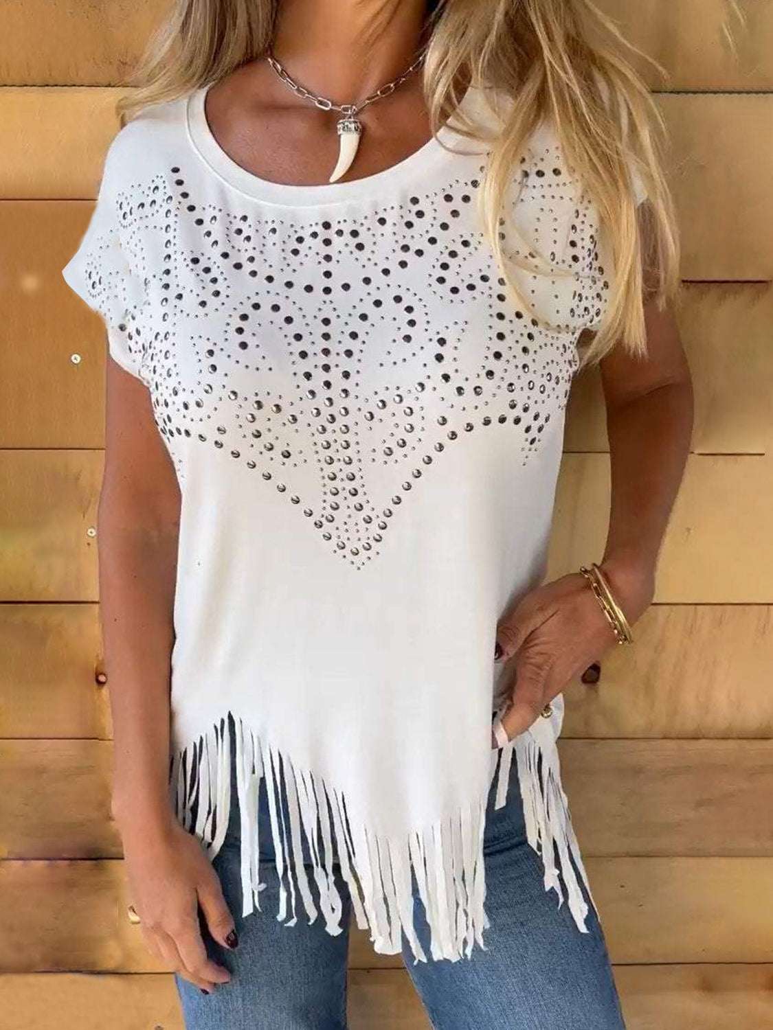 Studded Fringe Round Neck Cap Sleeve T-Shirt - Premium Women / Tops from Trendsi - Just $26.28! Shop now at Handbags Specialist Headquarter