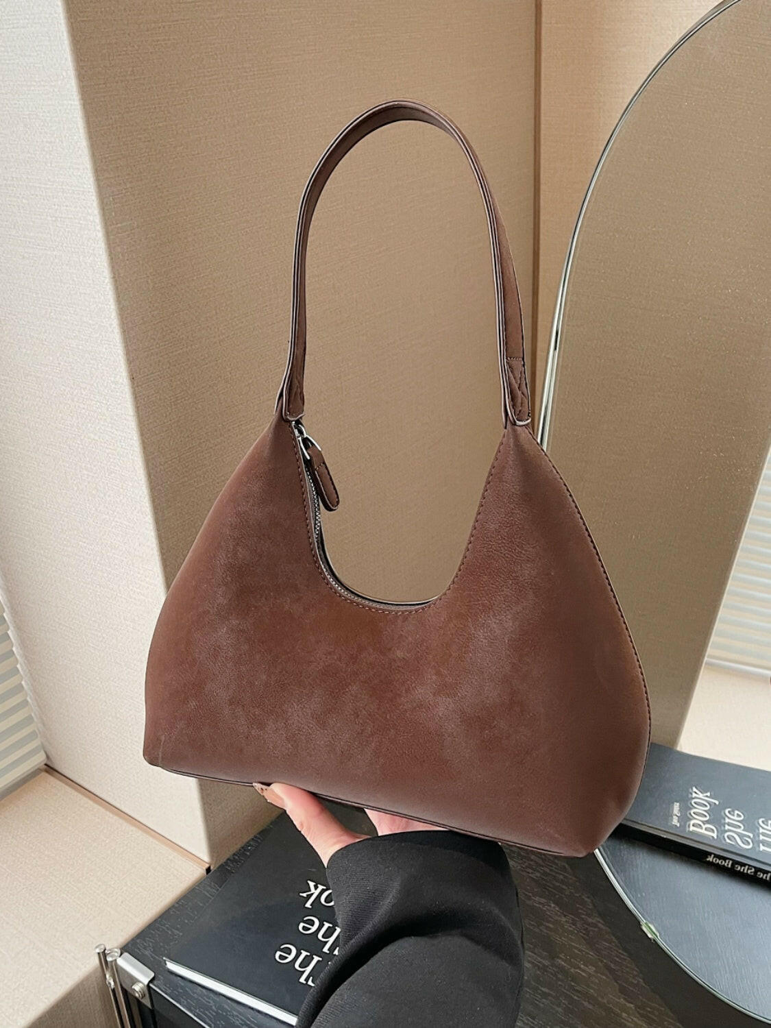 Suede Shoulder Bag with Zip.