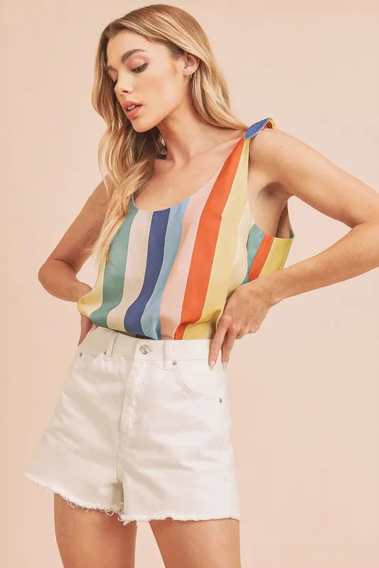 Aemi + Co Contrast Striped Scoop Neck Tie Shoulder Tank - Premium Tops from Trendsi - Just $35.62! Shop now at Handbags Specialist Headquarter