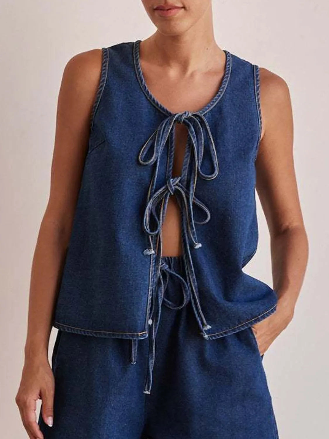 Tie Front Denim Vest - Premium Women / Jeans & Denim from Trendsi - Just $31.60! Shop now at Handbags Specialist Headquarter