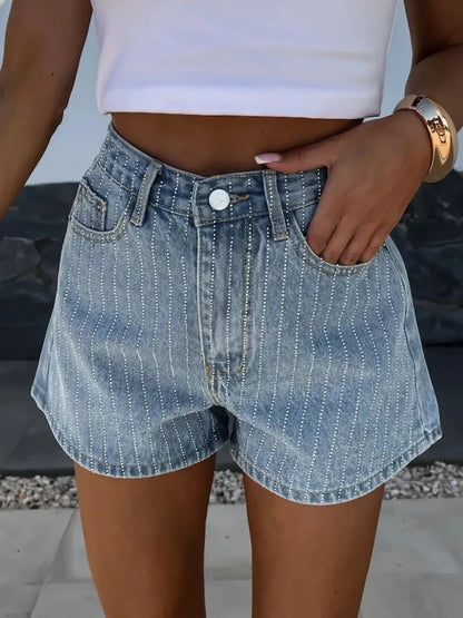 Rhinestone High Rise Denim Shorts - Premium Women / Jeans & Denim from Trendsi - Just $27.20! Shop now at Handbags Specialist Headquarter