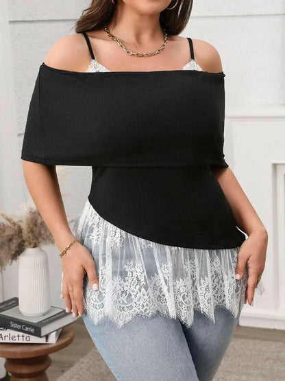 Plus Size Lace Detail Spaghetti Strap Short Sleeve Top.