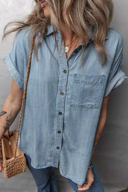 Folded Short Sleeve Patched Pocket Denim Shirt - Premium Women / Jeans & Denim from Trendsi - Just $48.76! Shop now at Handbags Specialist Headquarter