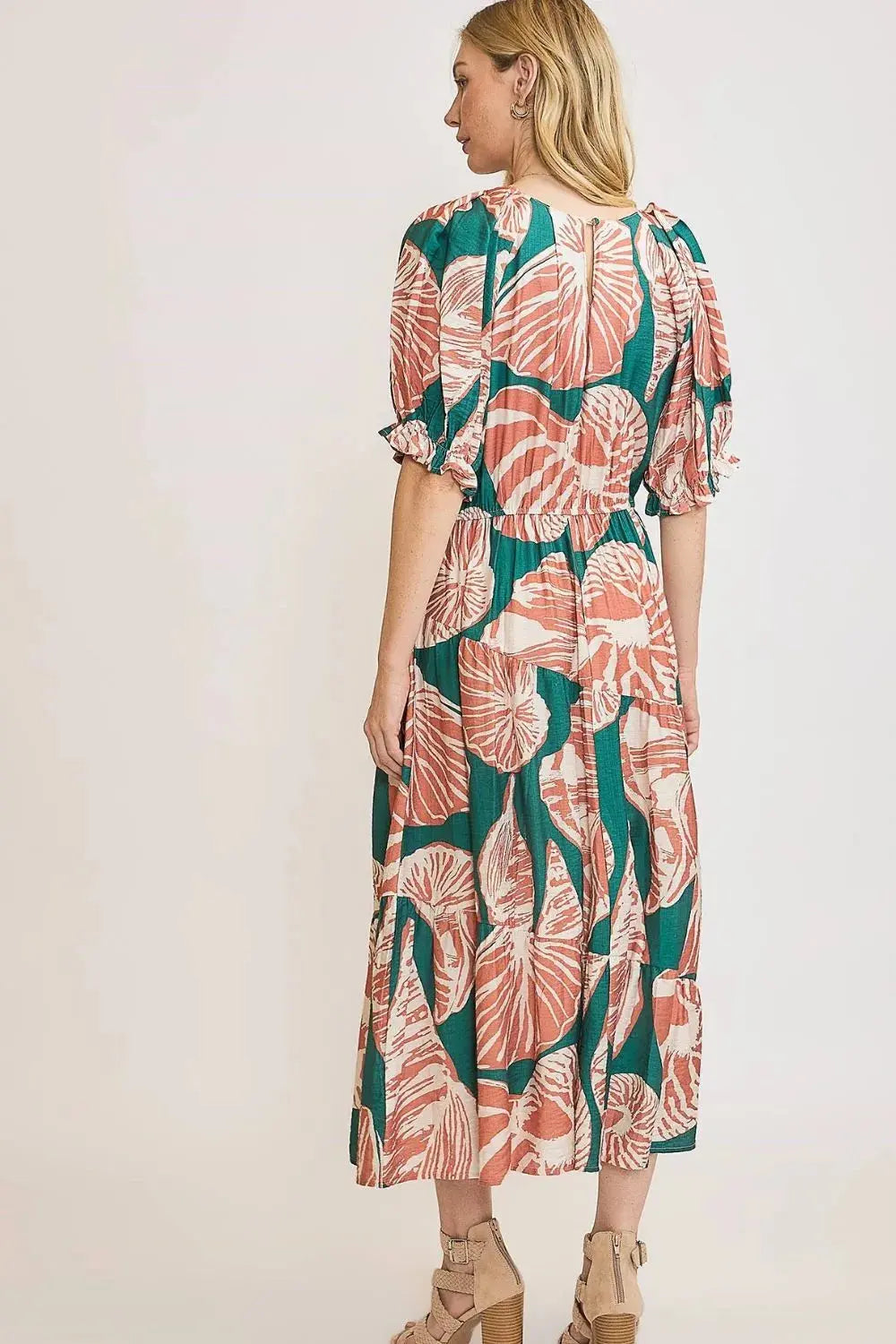 Umgee Full Size Printed Notched Puff Sleeve Midi Dress Plus Size.