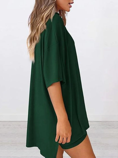 Full Size Oversized Slit Round Neck Top and Shorts Lounge Set Plus Size - Premium Sleepwear from Trendsi - Just $28.99! Shop now at Handbags Specialist Headquarter
