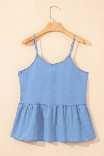 Ruffled Spaghetti Straps Denim Tank Top - Premium Women / Jeans & Denim from Trendsi - Just $28.70! Shop now at Handbags Specialist Headquarter