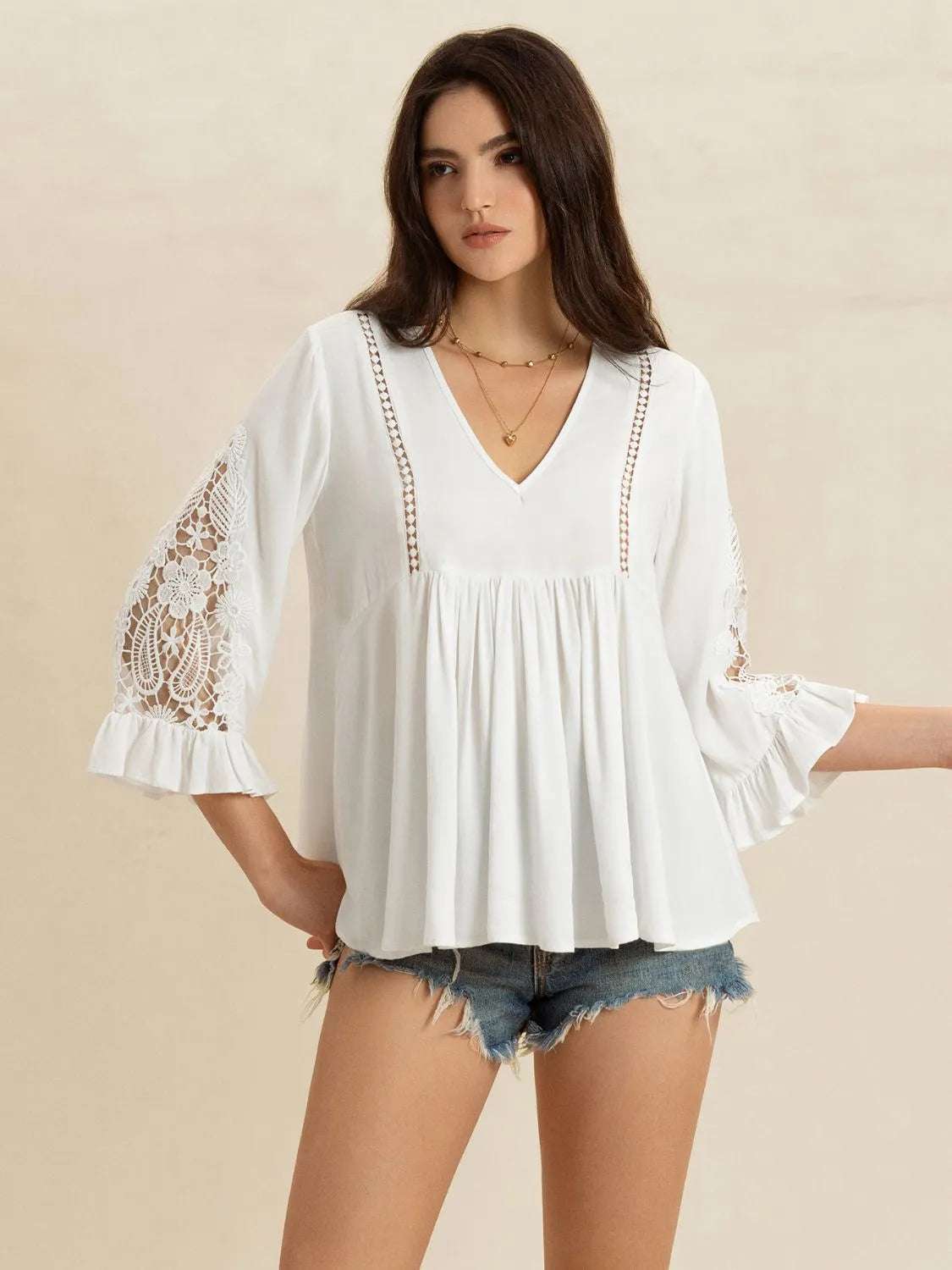 V-Neck Lace Flounce Sleeve Top - Premium Women / Tops from Trendsi - Just $33.50! Shop now at Handbags Specialist Headquarter