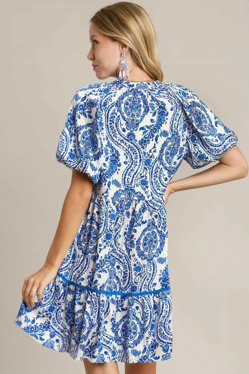 Umgee Full Size Printed Notched Puff Sleeve Mini Dress Plus Size.