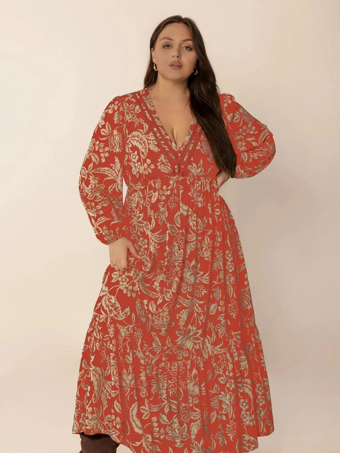 Plus Size Lace Detail Printed Balloon Sleeve Midi Dress.