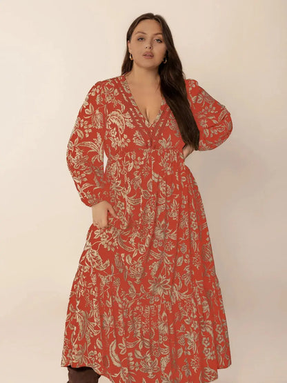 Plus Size Lace Detail Printed Balloon Sleeve Midi Dress.