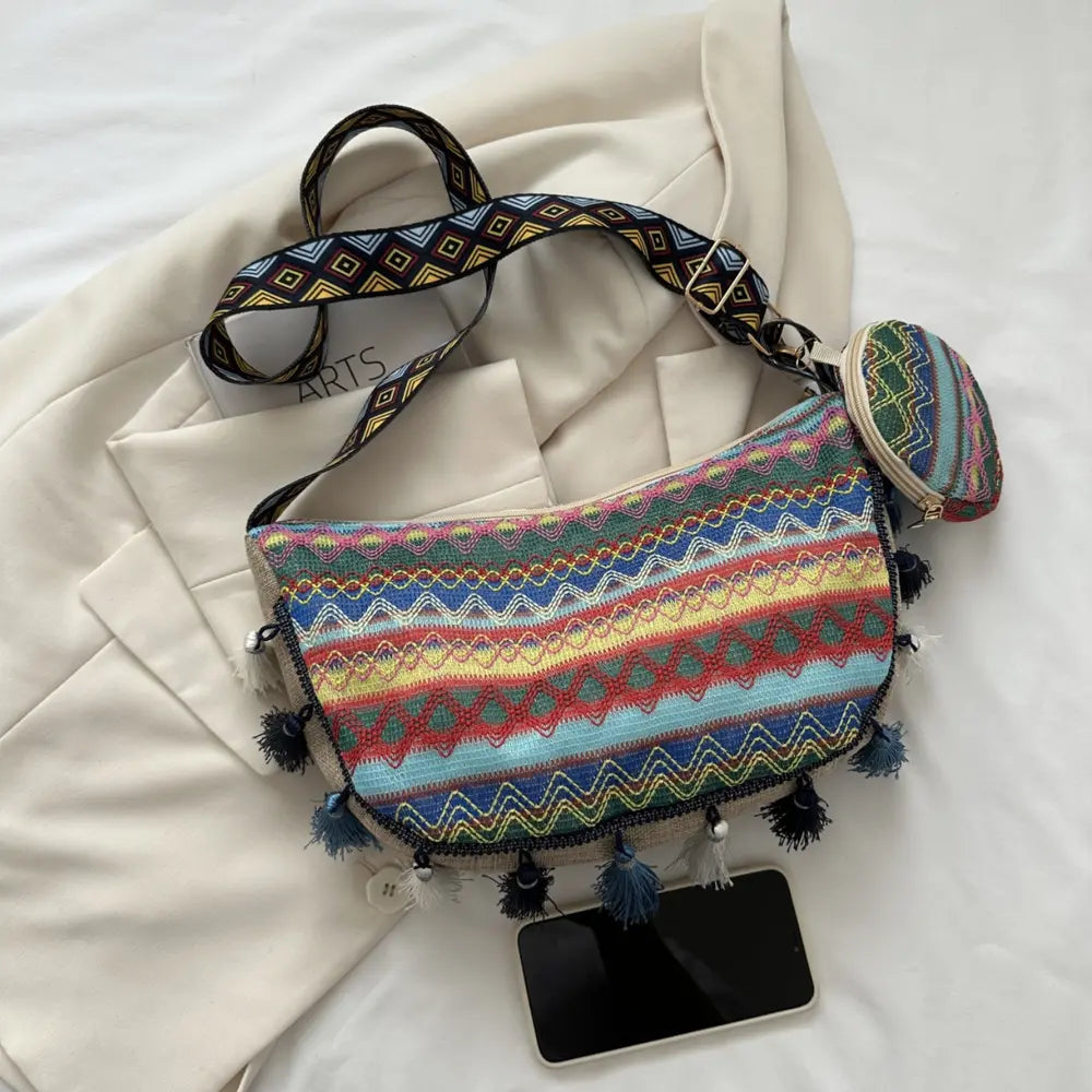 Printed Tassel Detail Crossbody Bag with Small Purse - Premium Handbags from Trendsi - Just $17.99! Shop now at Handbags Specialist Headquarter