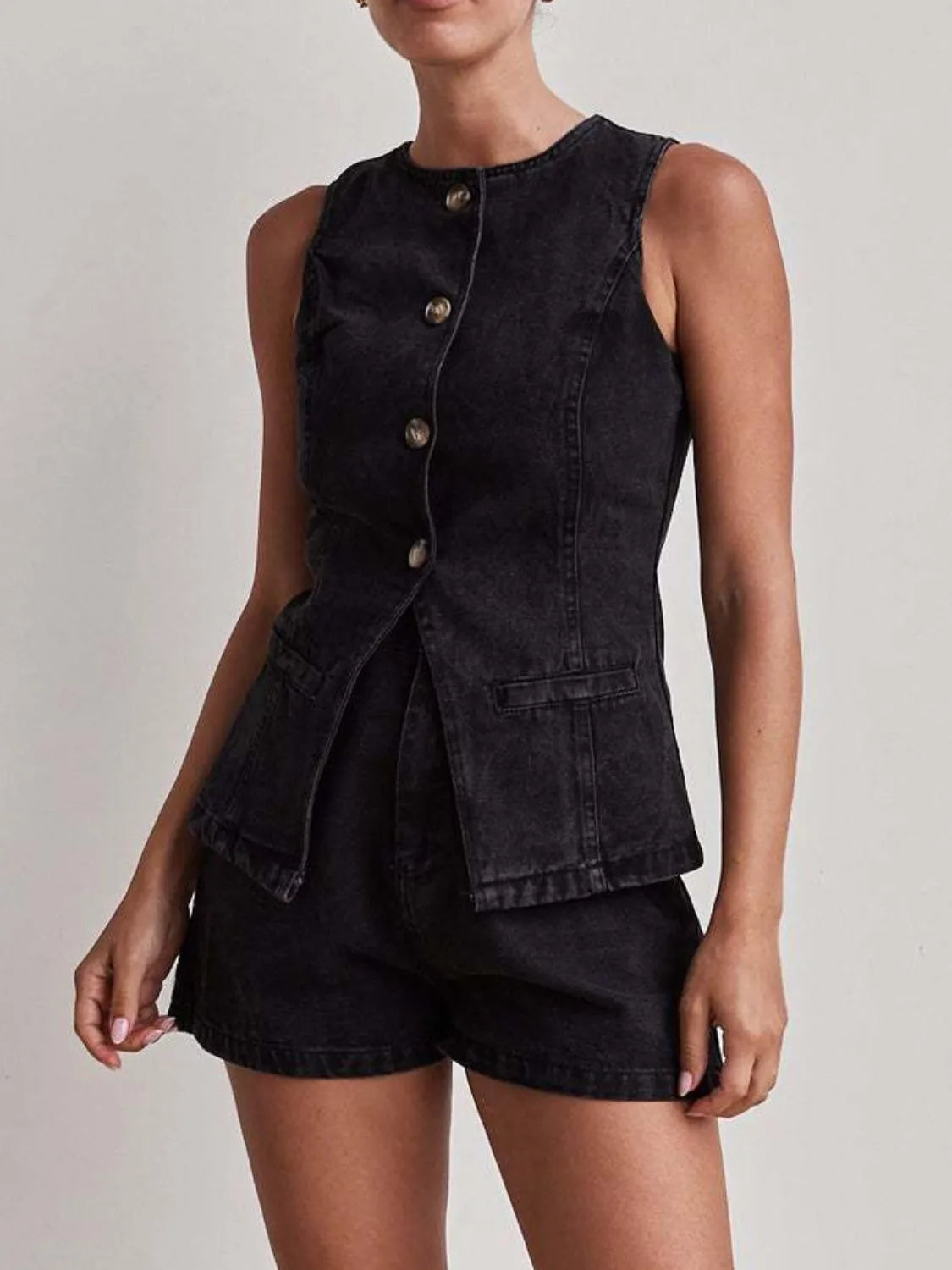 Button Down Vest and Shorts Denim Set - Premium Women / Jeans & Denim from Trendsi - Just $65.12! Shop now at Handbags Specialist Headquarter