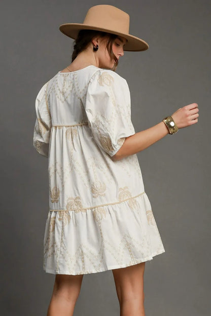 Umgee Full Size Embroidered Puff Sleeve Babydoll Dress Plus Size - Premium Dresses from Trendsi - Just $55.99! Shop now at Handbags Specialist Headquarter