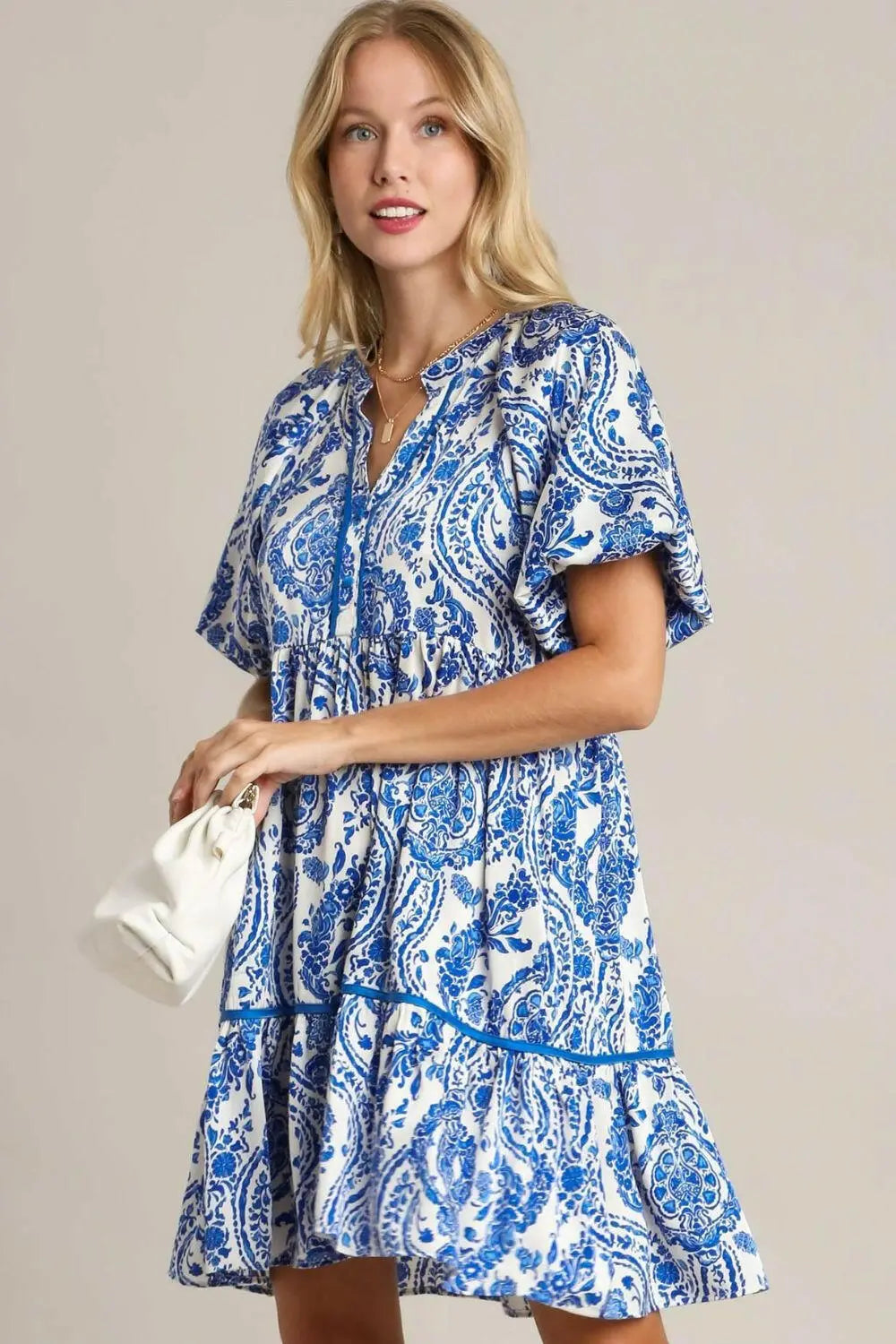 Umgee Full Size Printed Notched Puff Sleeve Mini Dress Plus Size.