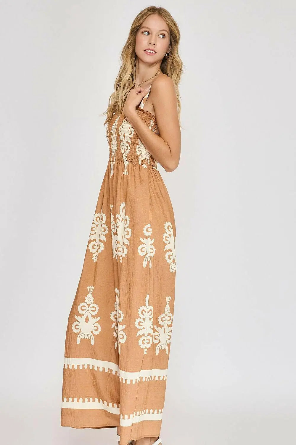 Umgee Full Size Smocked Printed Wide Leg Jumpsuit Plus Size.