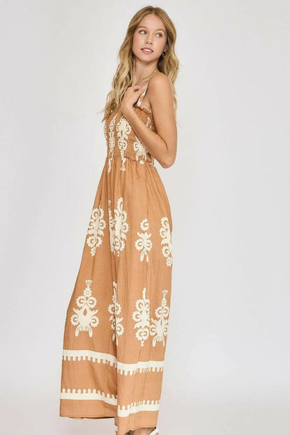 Umgee Full Size Smocked Printed Wide Leg Jumpsuit Plus Size.