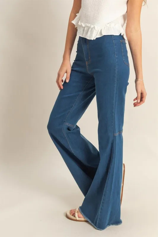HYFVE Raw Hem High-Waist Washed Flared Jeans - Premium Women / Jeans & Denim from Trendsi - Just $43.52! Shop now at Handbags Specialist Headquarter