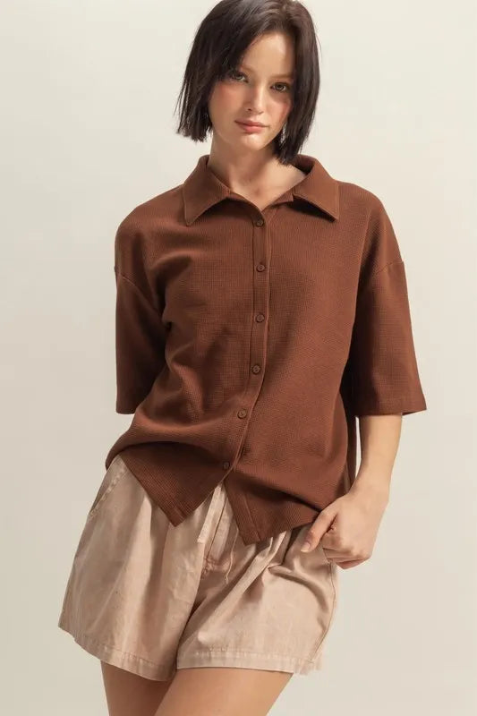 HYFVE Collared Neck Button Down Waffle Shirt - Premium Women / Tops from Trendsi - Just $35.56! Shop now at Handbags Specialist Headquarter