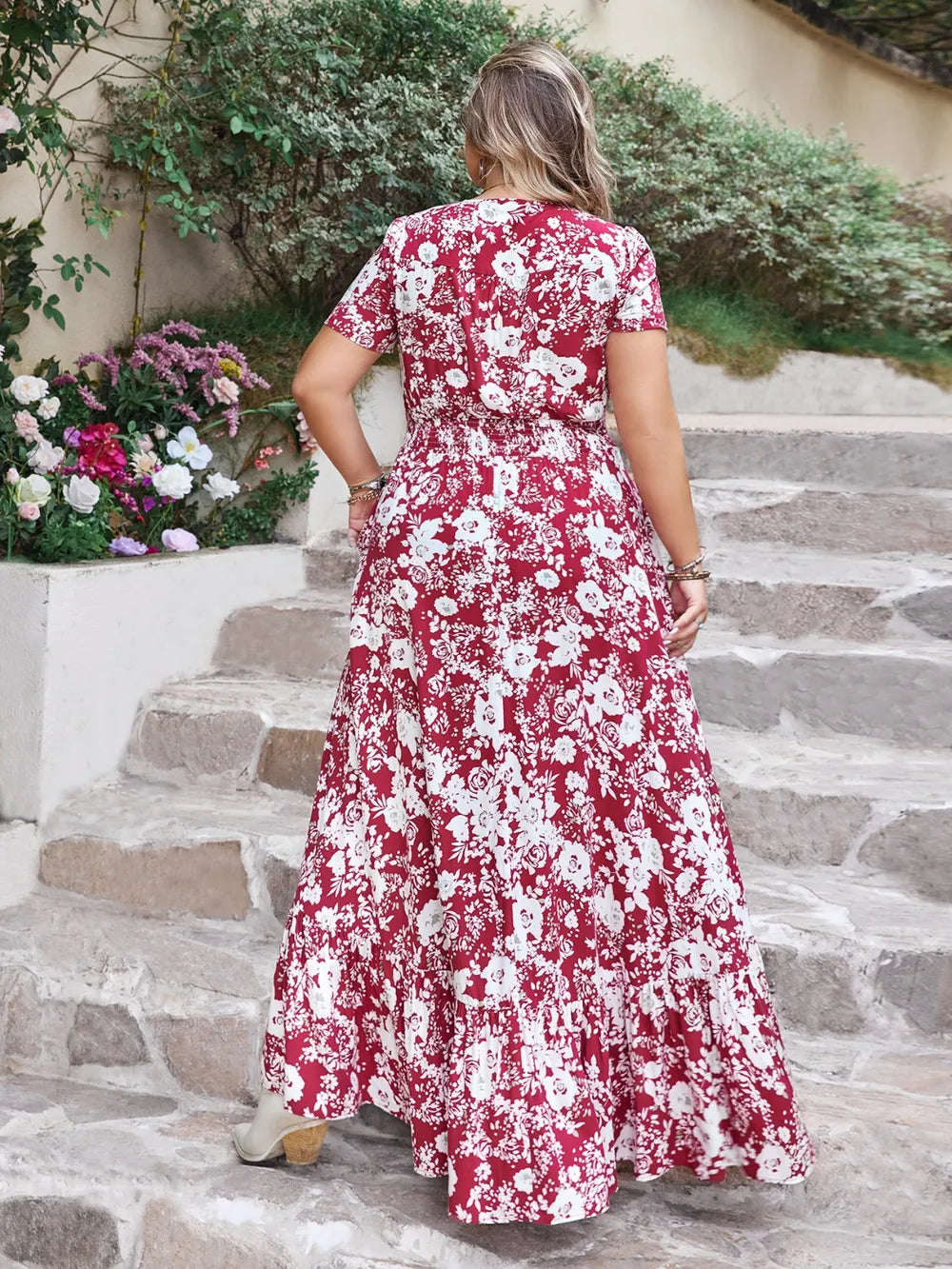Plus Size Slit Printed V-Neck Maxi Dress - Premium Dresses from Trendsi - Just $54.99! Shop now at Handbags Specialist Headquarter