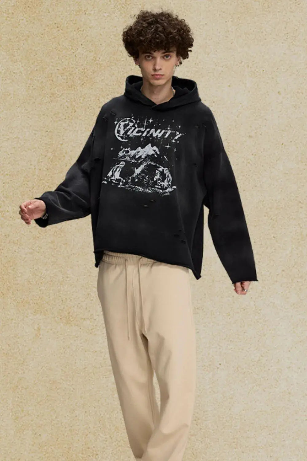 Men's Distressed Graphic Long Sleeve Hoodie.