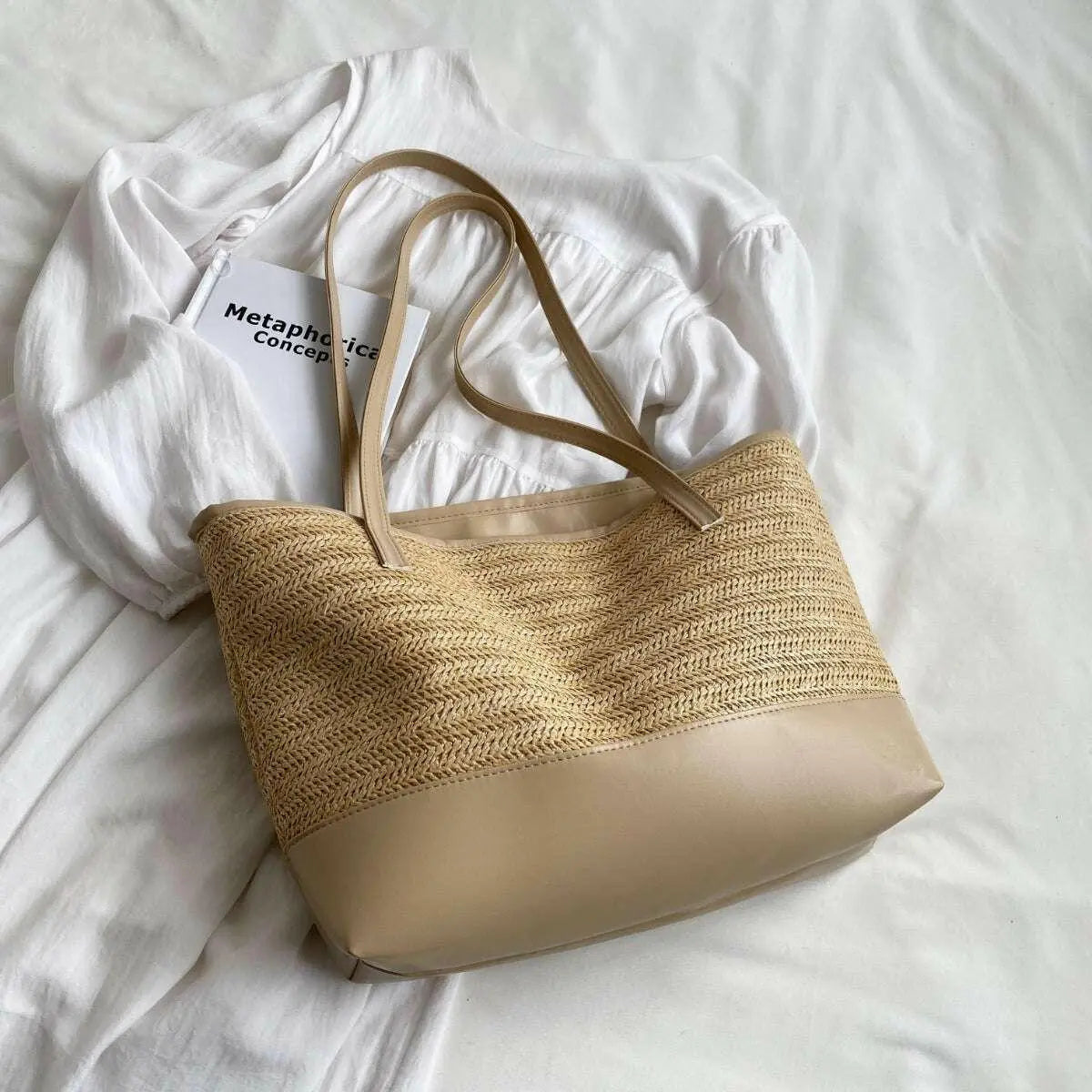 Straw Weave Leather Strap Tote Bag.