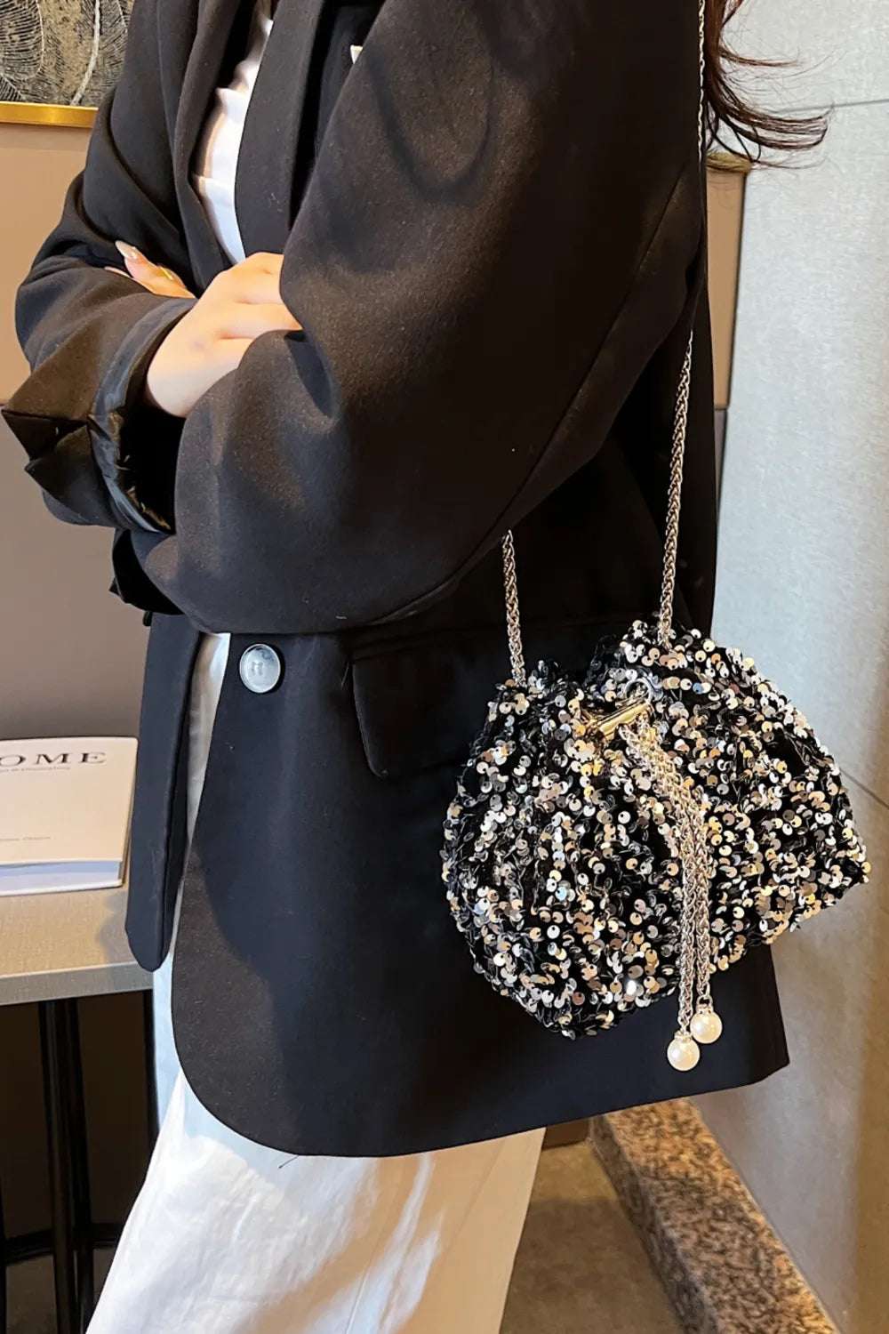 Sequin Chain Drawstring Bucket Bag - Premium Crossbody Bag from Trendsi - Just $21.99! Shop now at Handbags Specialist Headquarter