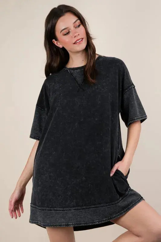 VERY J Plus Size Mineral Washed Comfy Casual Knit Mini Dress.