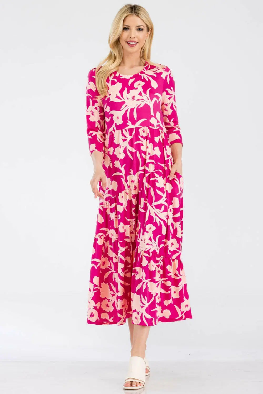 Celeste Full Size Floral Round Neck Ruffle Hem Dress.