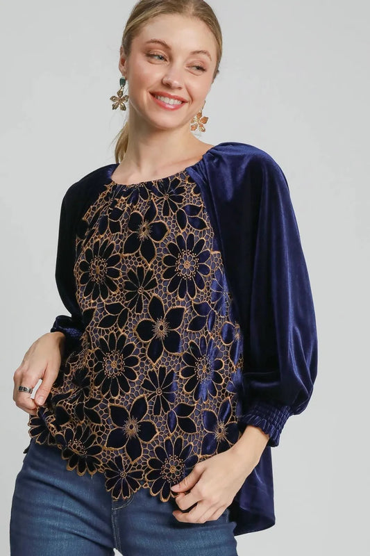 Umgee Full Size Floral Lace Velvet Raglan Sleeve Top Plus Size - Premium Dresses from Trendsi - Just $46.99! Shop now at Handbags Specialist Headquarter