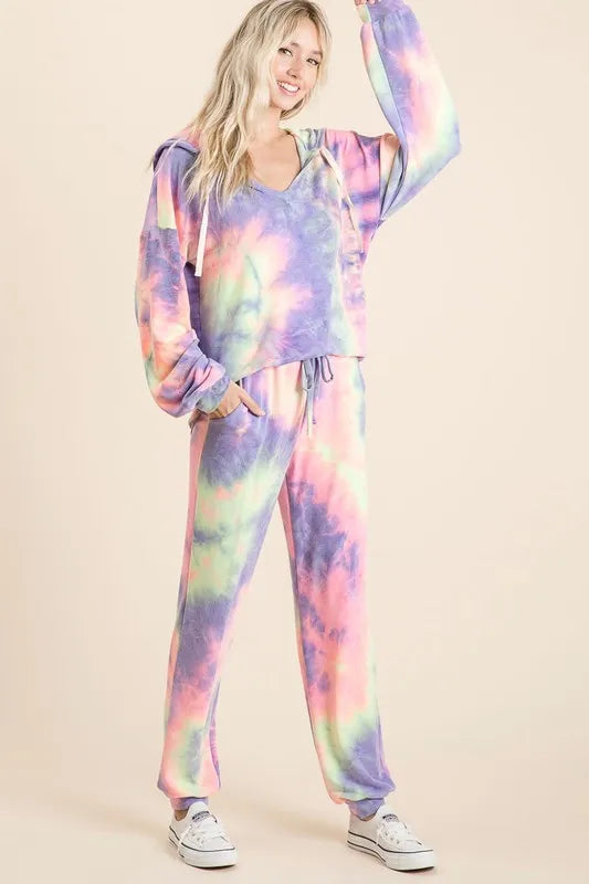 BiBi Tie Dye French Terry Top and Bottom Set - Premium  from Trendsi - Just $28.99! Shop now at Handbags Specialist Headquarter