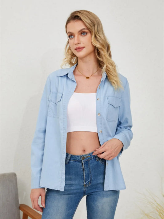 Pocketed Button Up Long Sleeve Denim Shirt - Premium Women / Jeans & Denim from Trendsi - Just $33! Shop now at Handbags Specialist Headquarter