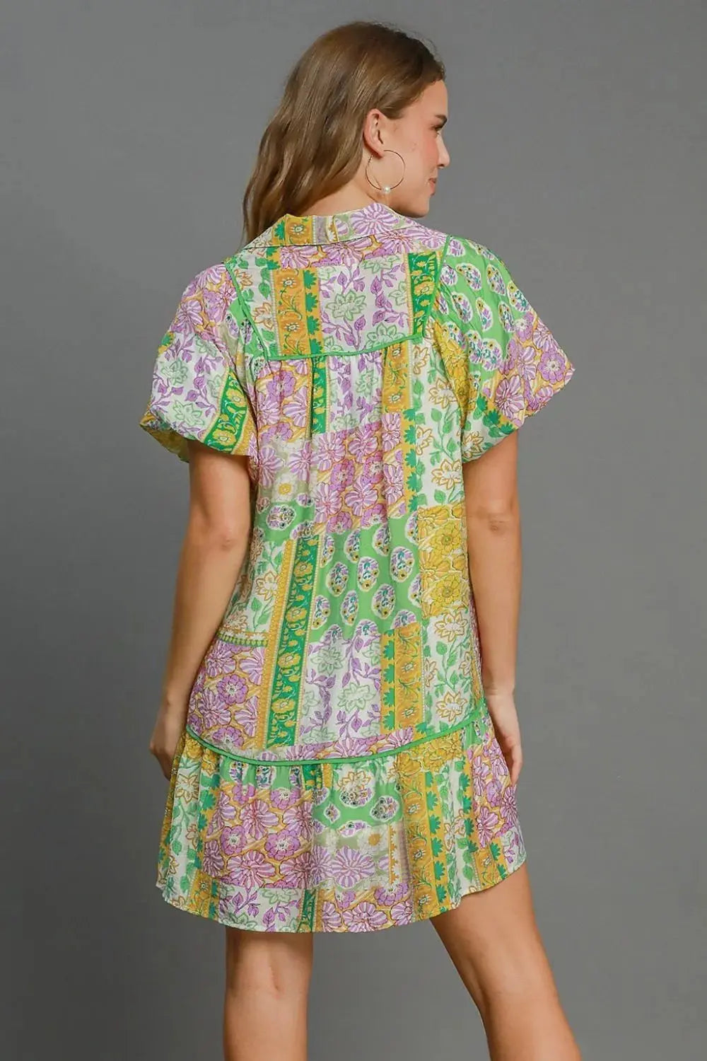 Umgee Full Size Smocked Floral Puff Sleeve Mini Dress Plus Size.