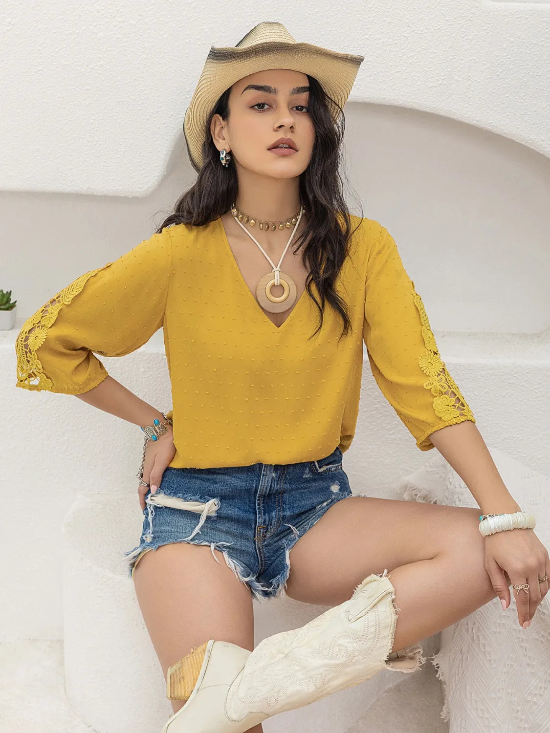 V-Neck Lace Three-Quarter Sleeve Top - Premium Tops from Trendsi - Just $26.28! Shop now at Handbags Specialist Headquarter