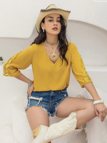 V-Neck Lace Three-Quarter Sleeve Top - Premium Tops from Trendsi - Just $26.28! Shop now at Handbags Specialist Headquarter