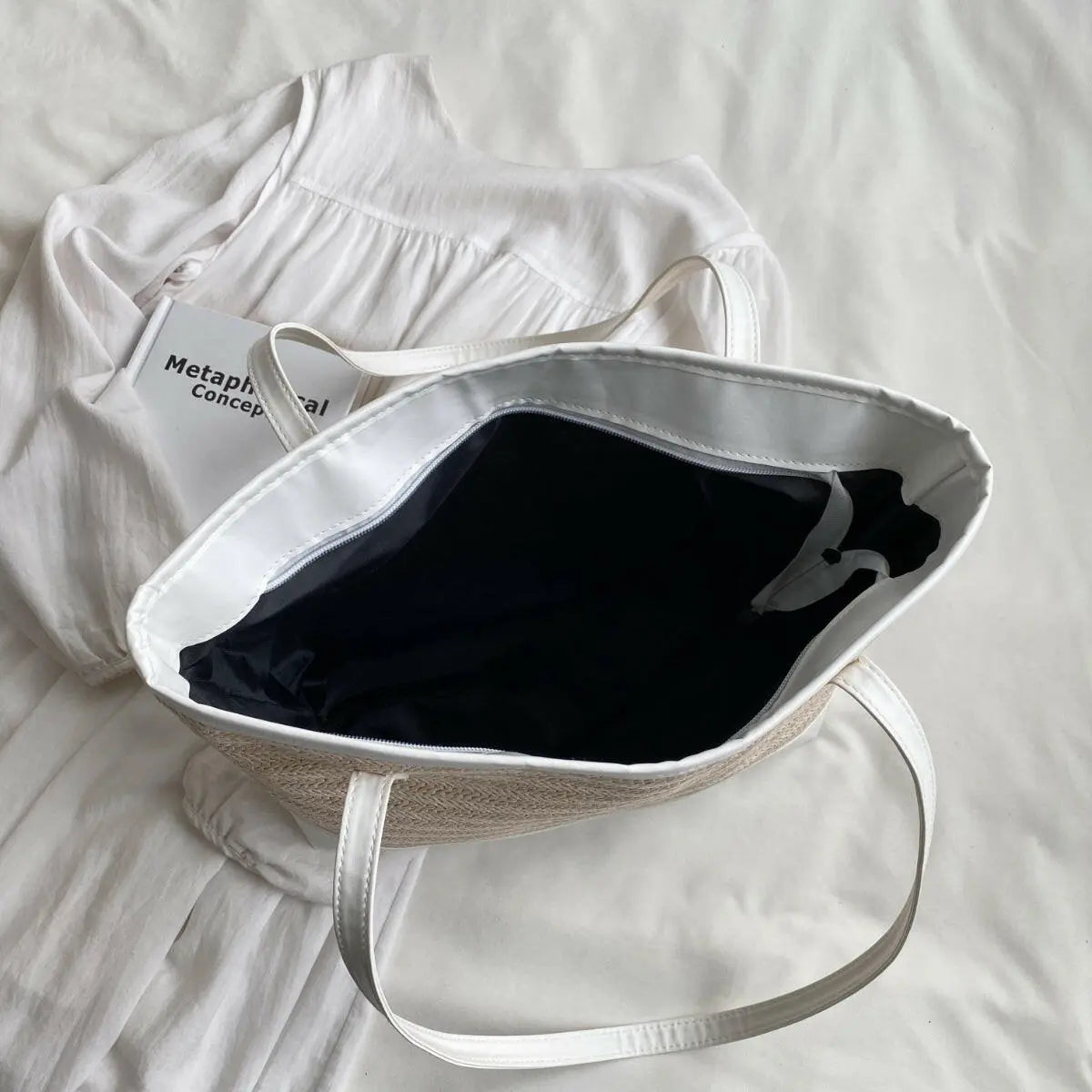 Straw Weave Leather Strap Tote Bag.