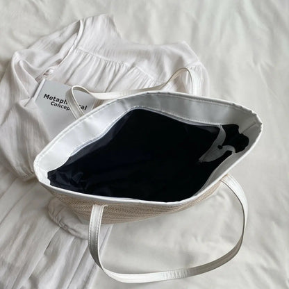 Straw Weave Leather Strap Tote Bag.
