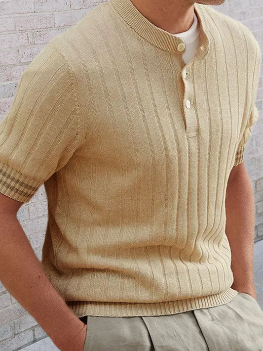 Men's Plus Size Ribbed Quarter Button Round Neck Striped Trim Polo - Premium Men's T Shirt from Trendsi - Just $37.06! Shop now at Handbags Specialist Headquarter