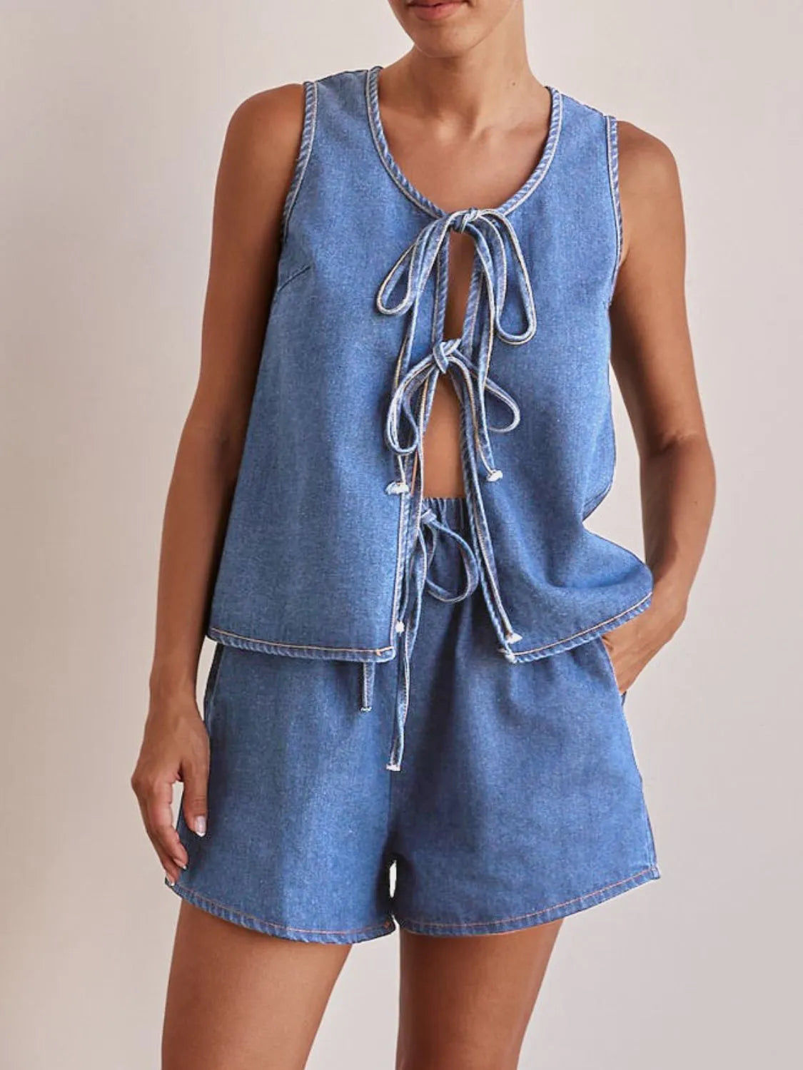 Tie Front Vest and Shorts Denim Set - Premium Women / Jeans & Denim from Trendsi - Just $61.94! Shop now at Handbags Specialist Headquarter