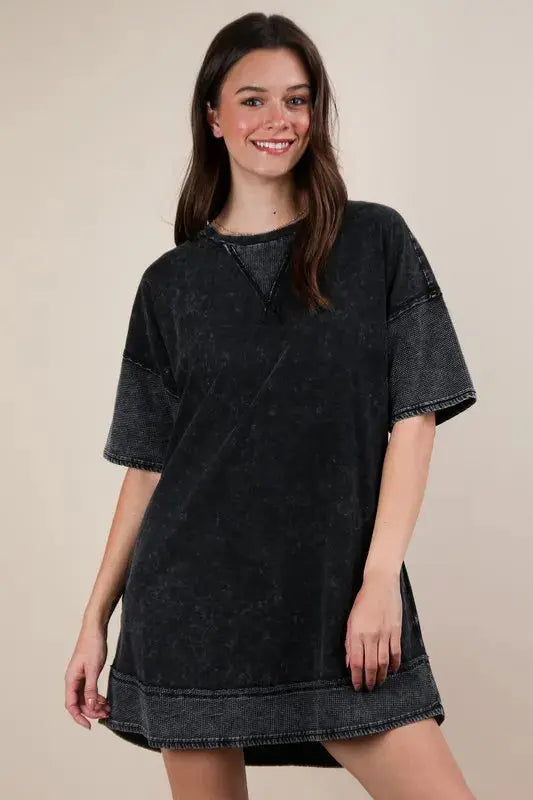 VERY J Plus Size Mineral Washed Comfy Casual Knit Mini Dress.