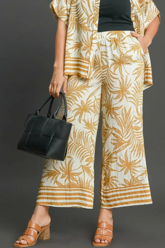 Umgee Full Size Tropical Print Wide Leg Pants Plus Size.