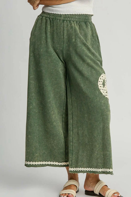Umgee Full Size Peace Lace Applique Mineral Wash Wide Leg Pants Plus Size.
