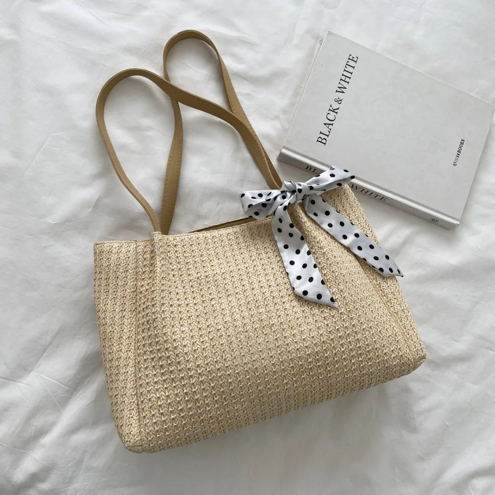 Straw Woven Leather Strap Handbag - Premium Handbags from Trendsi - Just $24.99! Shop now at Handbags Specialist Headquarter