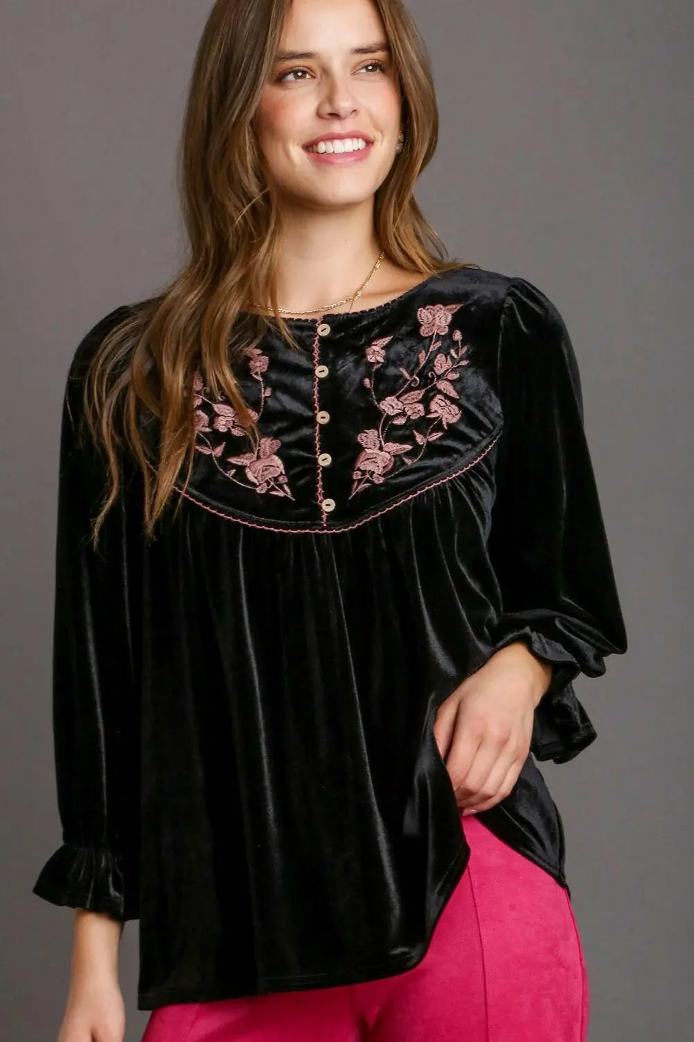 Umgee Full Size Velvet Embroidery Flounce Sleeve Top Plus Size.