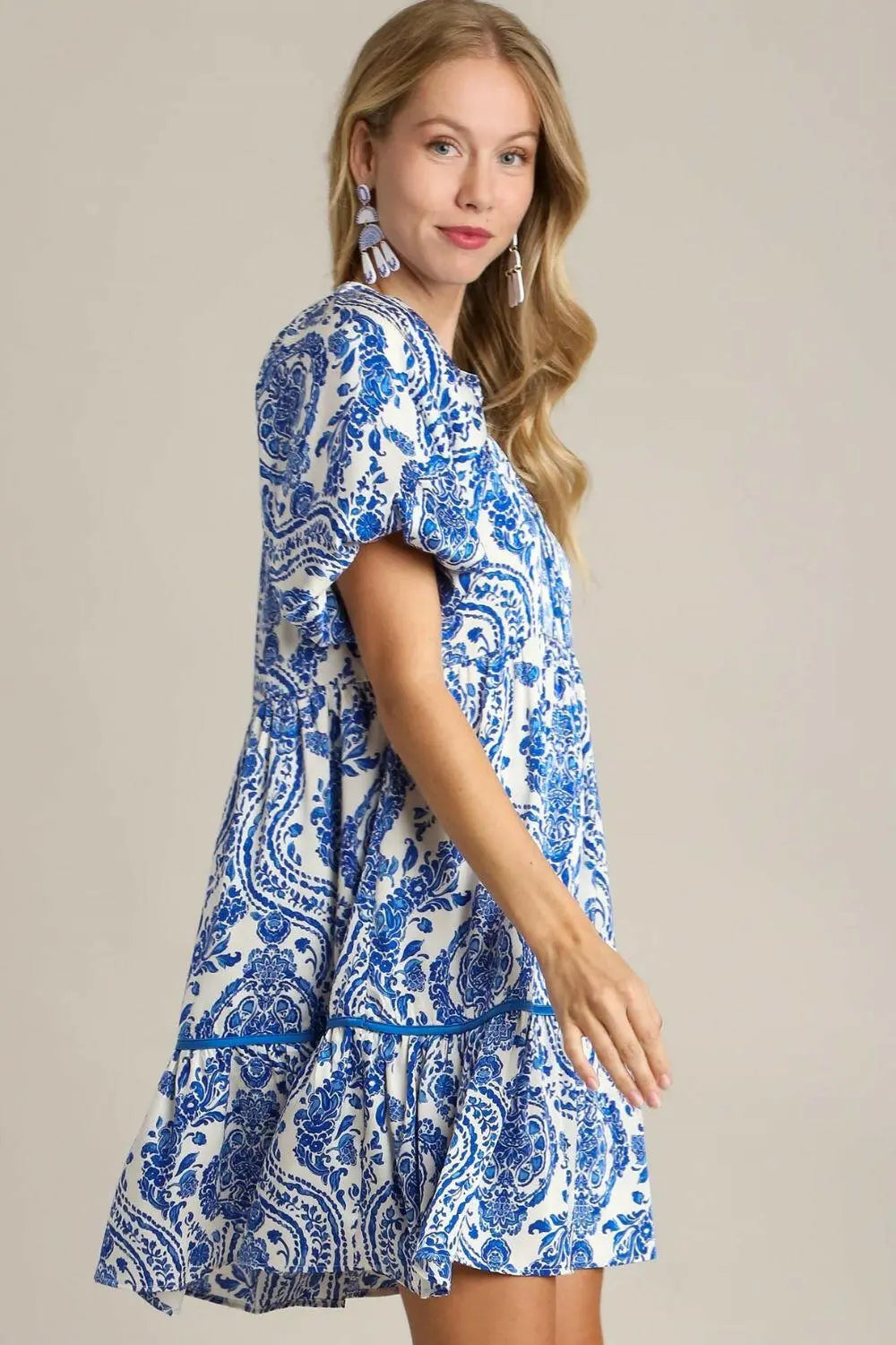 Umgee Full Size Printed Notched Puff Sleeve Mini Dress Plus Size.