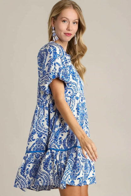 Umgee Full Size Printed Notched Puff Sleeve Mini Dress Plus Size.