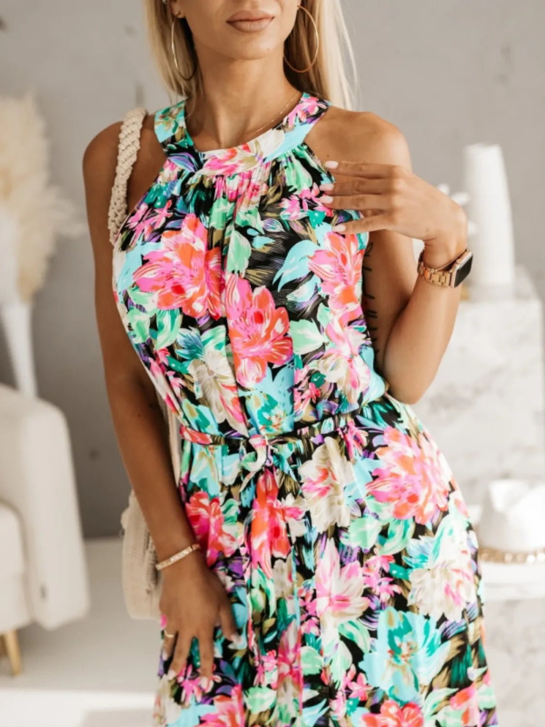 Printed Sleeveless Maxi Dress with Belted - Premium Maxi Dress from Trendsi - Just $34.99! Shop now at Handbags Specialist Headquarter