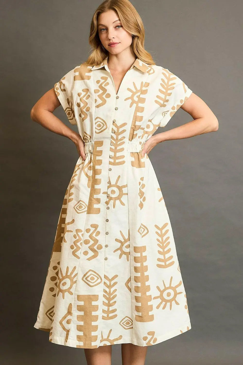 Umgee Full Size Abstract Print Elastic Waist Midi Dress Plus Size.