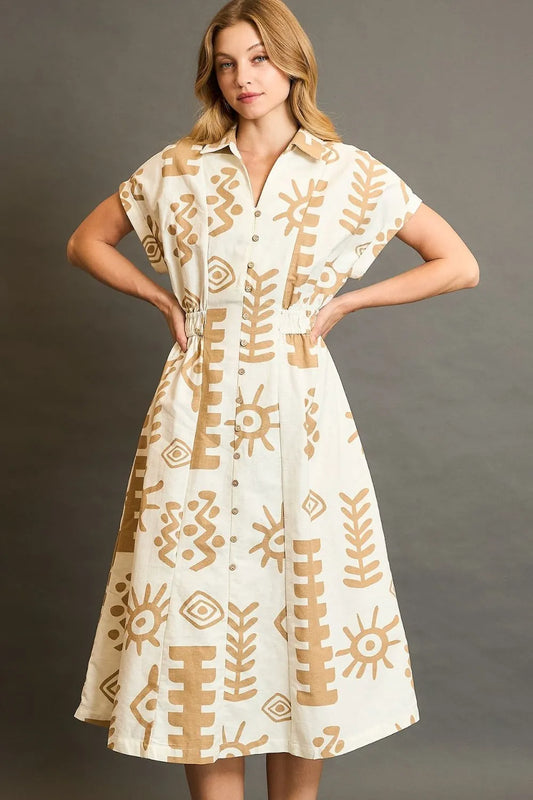 Umgee Full Size Abstract Print Elastic Waist Midi Dress Plus Size - Premium Dresses from Trendsi - Just $55.99! Shop now at Handbags Specialist Headquarter